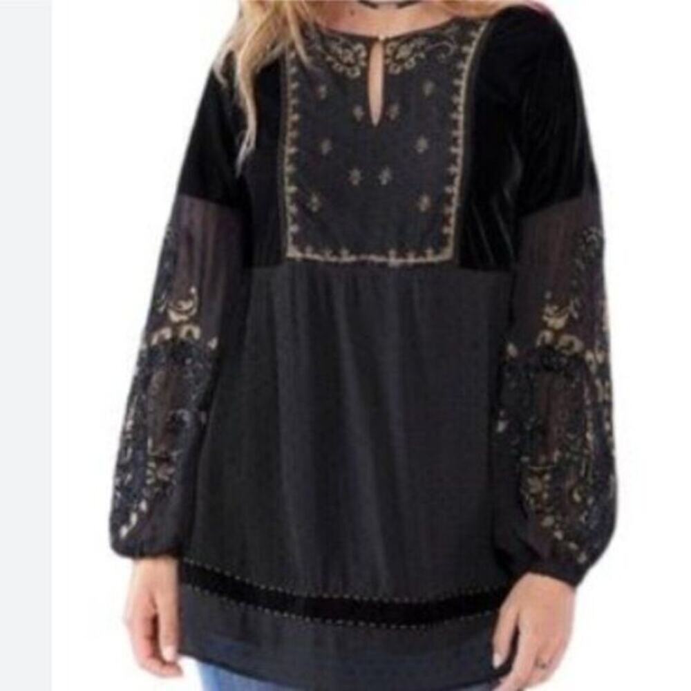 SUNDANCE NWOT Princess Dreams Gold Embroidered Sheer Sleeve Velvet Tunic Black L